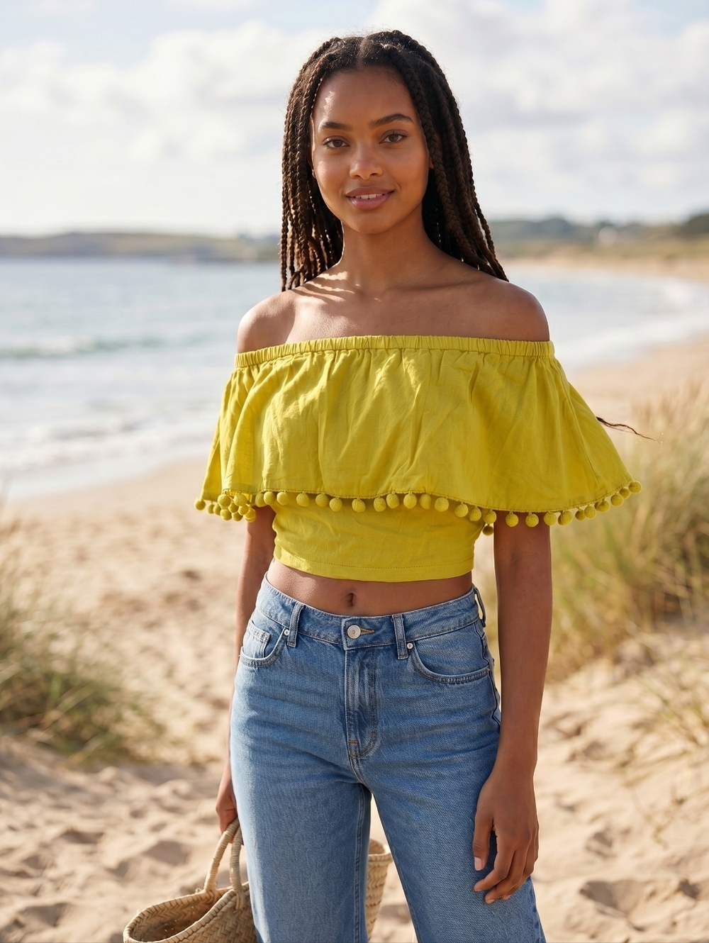 Pom Pom Crop Top in Old Gold, XS